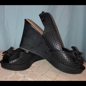 Black Wedge Stack Heel Open Toe Sandal, Size 6.5